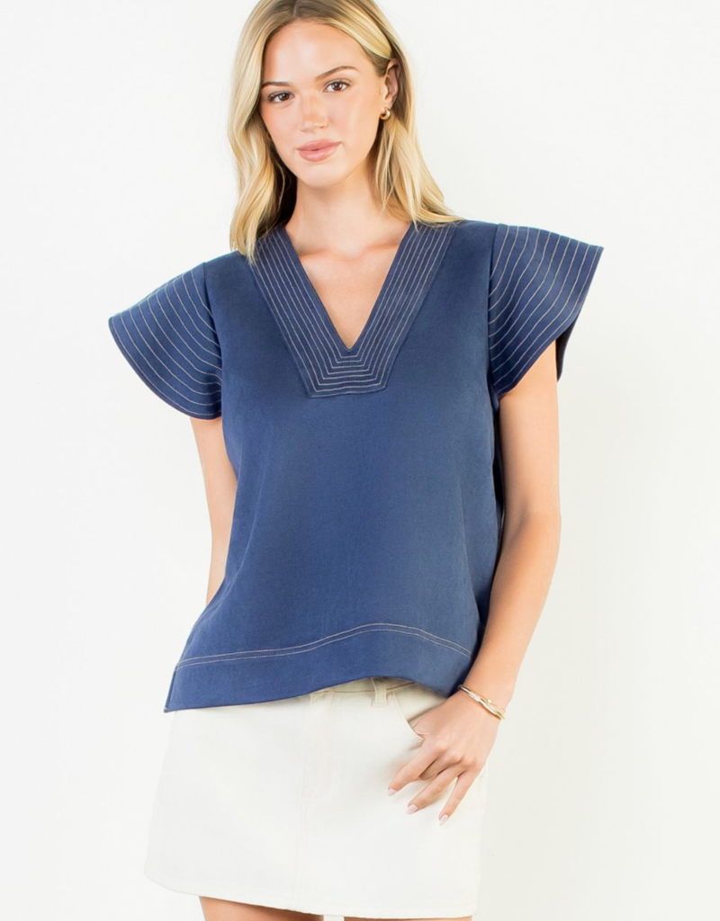 THML FLUTTER SLEEVE V-NECK SUEDE TOP-BLUE