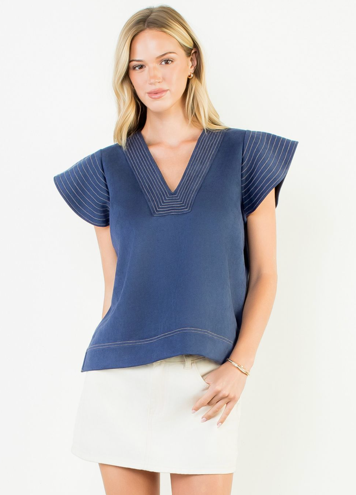 THML FLUTTER SLEEVE V-NECK SUEDE TOP-BLUE THML FLUTTER SLEEVE V-NECK SUEDE TOP-BLUE