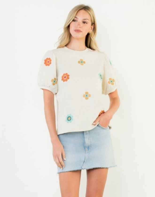 THML Short Sleeve Embroidered Detail Suede Top THML Short Sleeve Embroidered Detail Suede Top