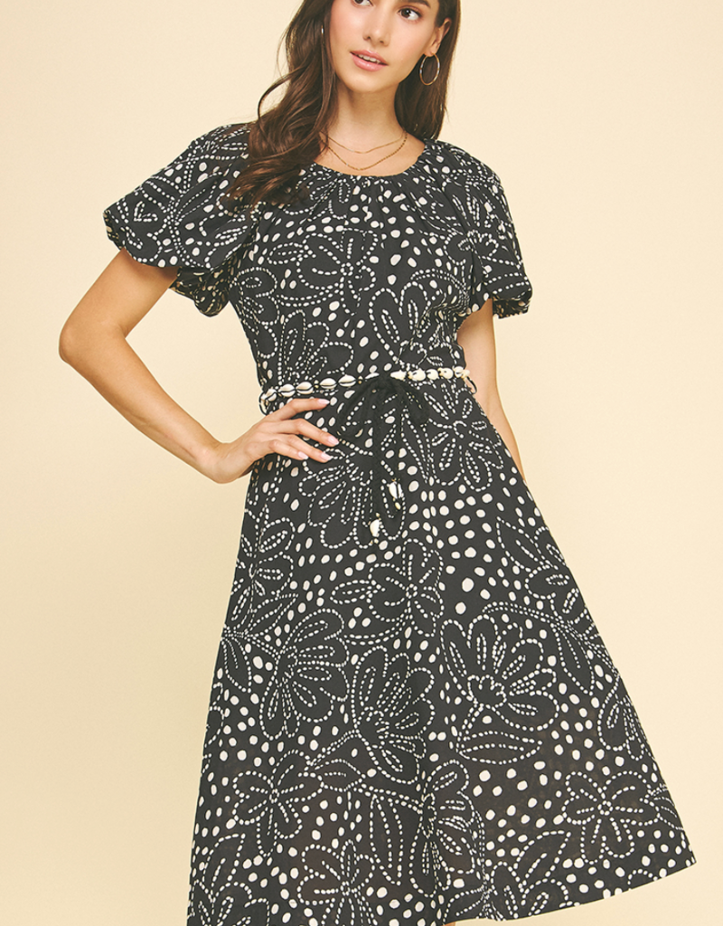 PINCH BLACK FLORAL MIDI DRESS W/SHELL BELT