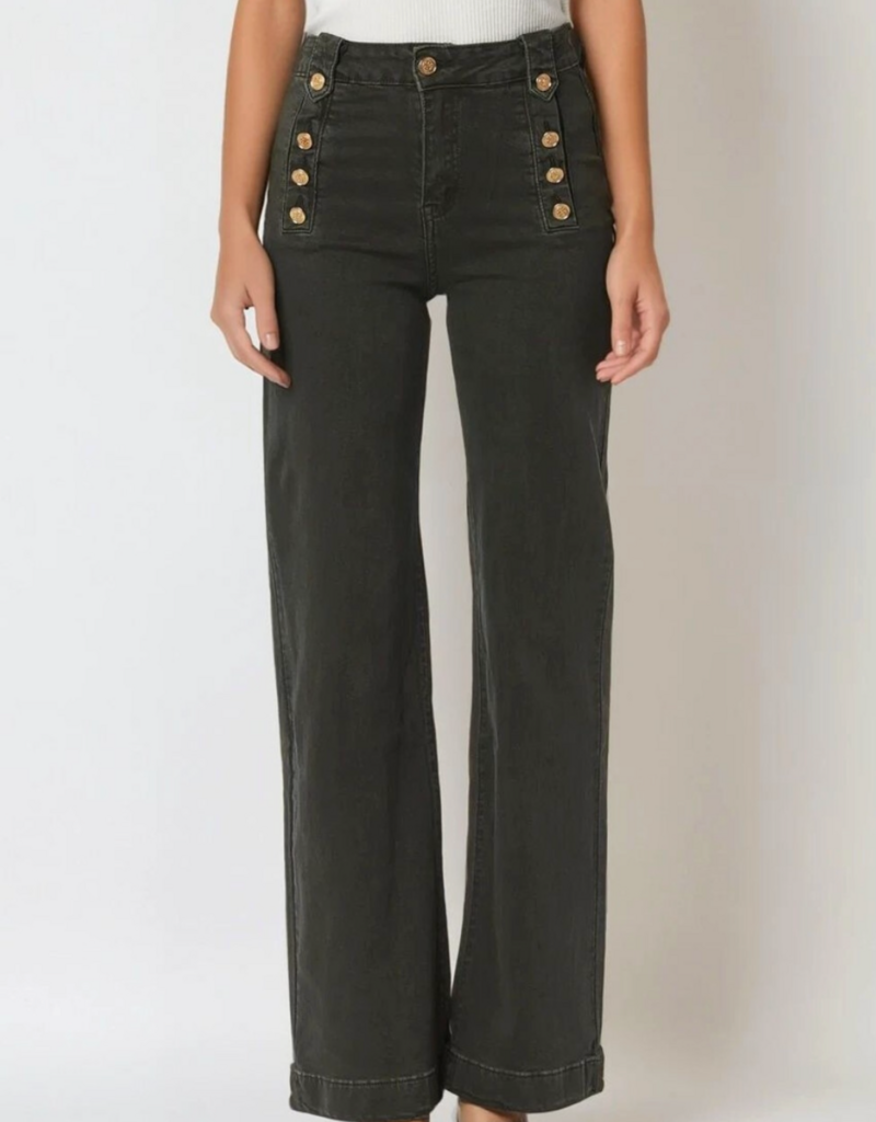 Q2 MACEY OLIVE PANT WITH GOLD BUTTONS