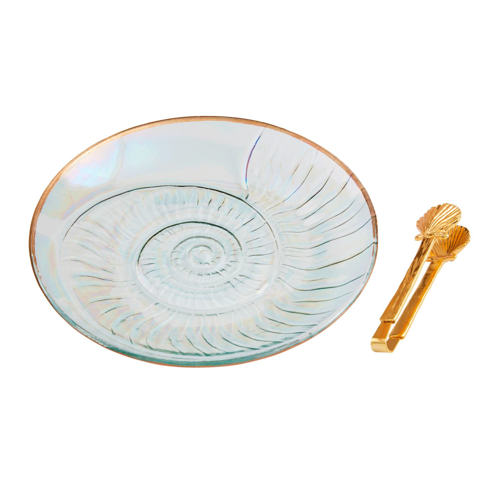 MUD PIE NAUTILUS GOLD EDGE PLATE & TONG SET