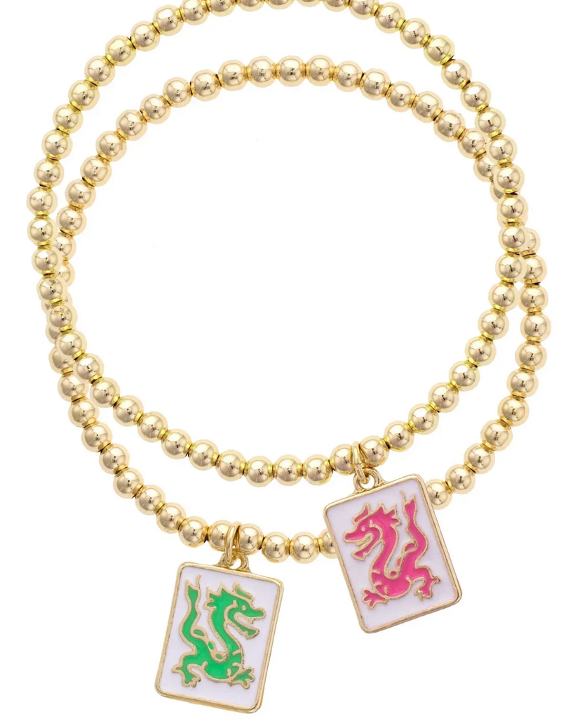 CANVAS PAIR OF DRAGONS MAHJONG BALL BEAD BRACELET SET