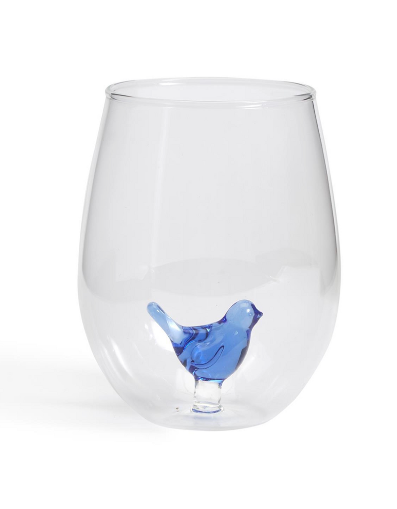 MUD PIE BLUE BIRD STEMLESS WINE GLASS