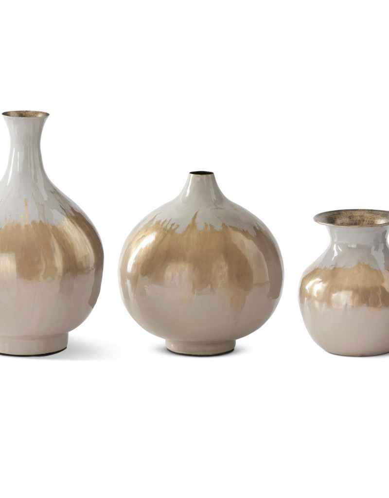 CREAM & GOLD ENAMELED METAL VASES