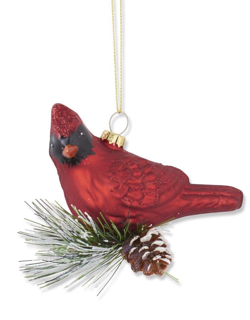 RED GLITTER BLOWN GLASS CARDINAL ORNAMENT