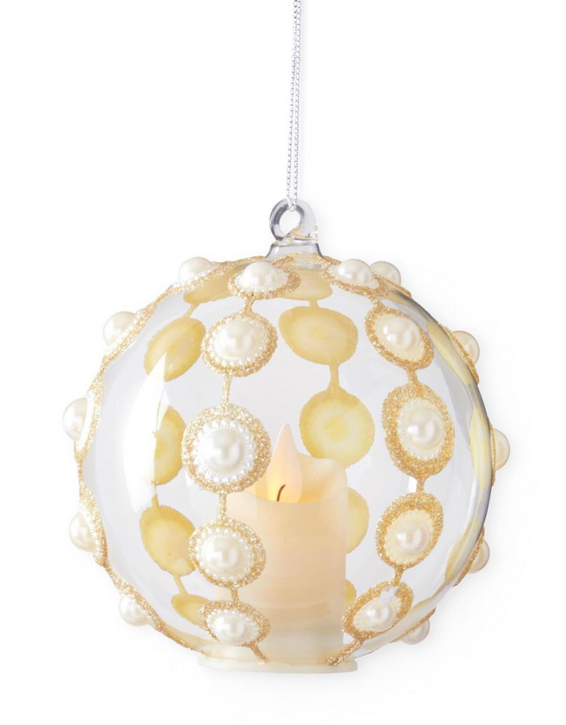 Glass & Gold Glitter w/Pearls LED Timer Ornament 5.25 inch