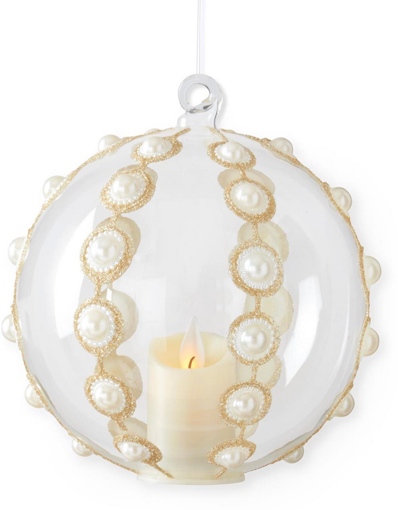 Glass & Gold Glitter w/Pearls LED Timer Ornament 6 inch