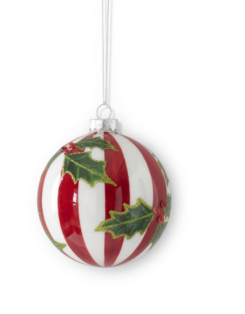 HAND PAINTED STRIPED HOLLY ORNAMENT 4.25 INCH