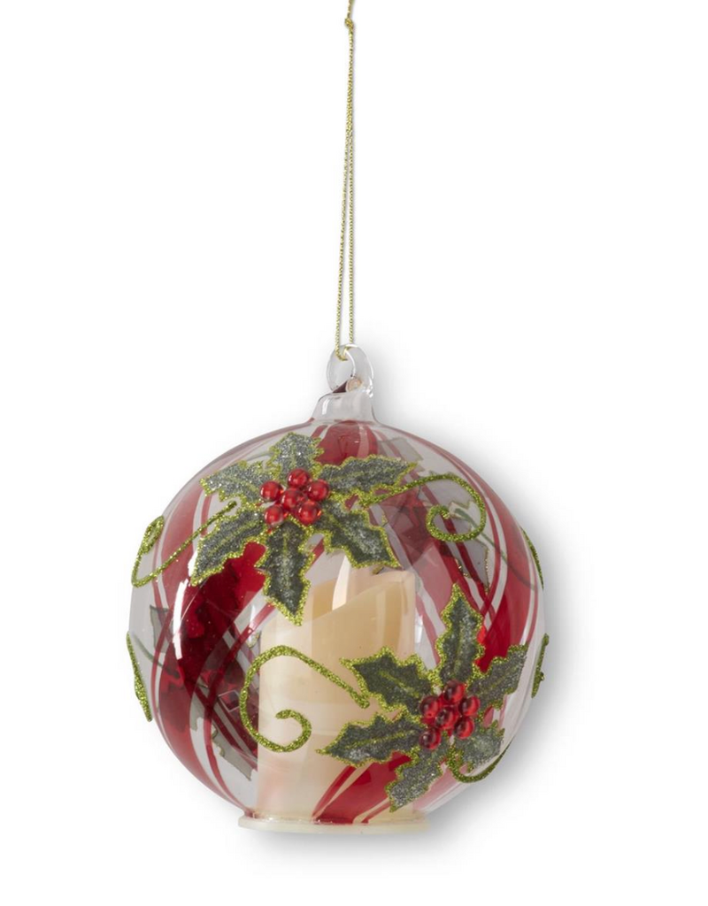 PAINTED/SEED BEAD HOLLY GLASS ORNAMENT/SITTER 4.5 INCH