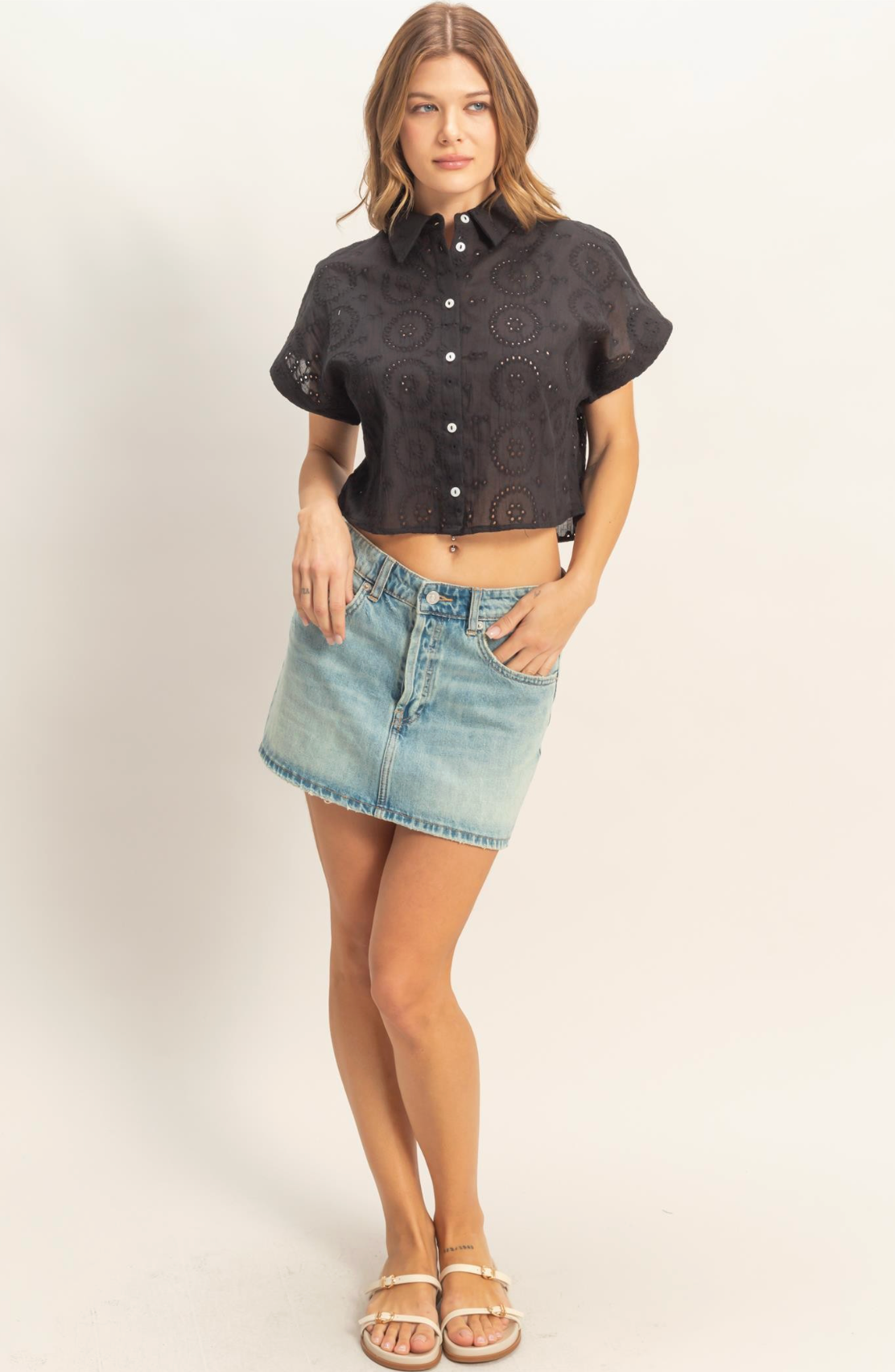 HYFVE BLACK EYELET BUTTON UP CROPPED TOP