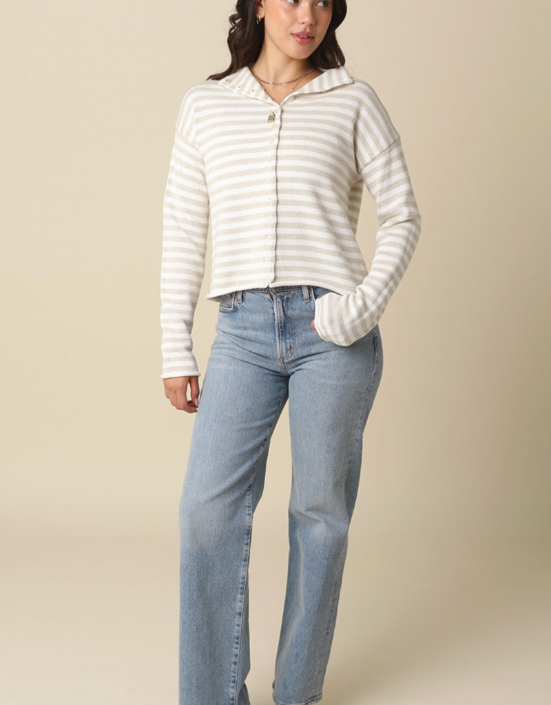 OLIVACEOUS ELINA STRIPED COLLAR KNIT CARDIGAN