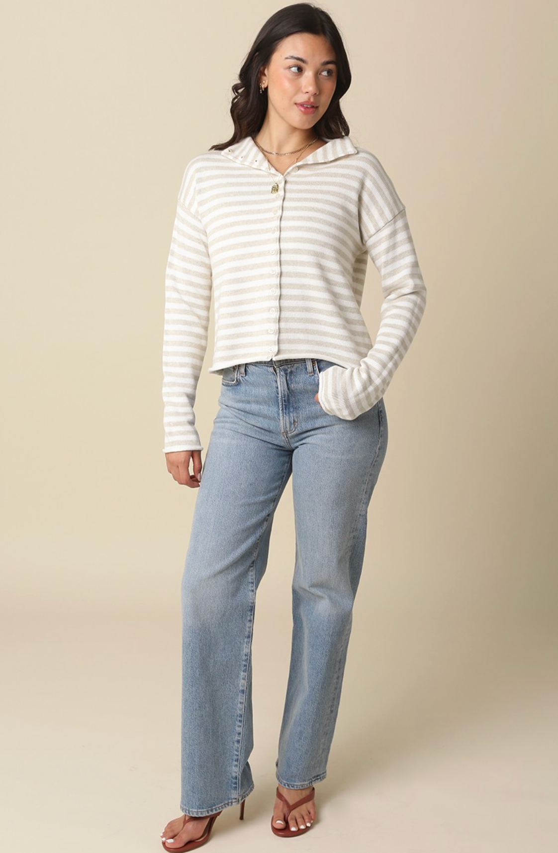 OLIVACEOUS ELINA STRIPED COLLAR KNIT CARDIGAN