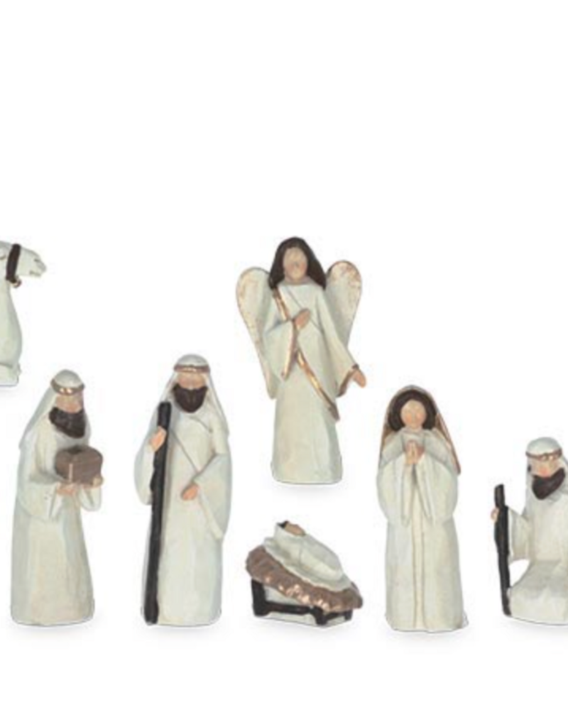 WHITE AND GOLD RESIN NATIVITY SET