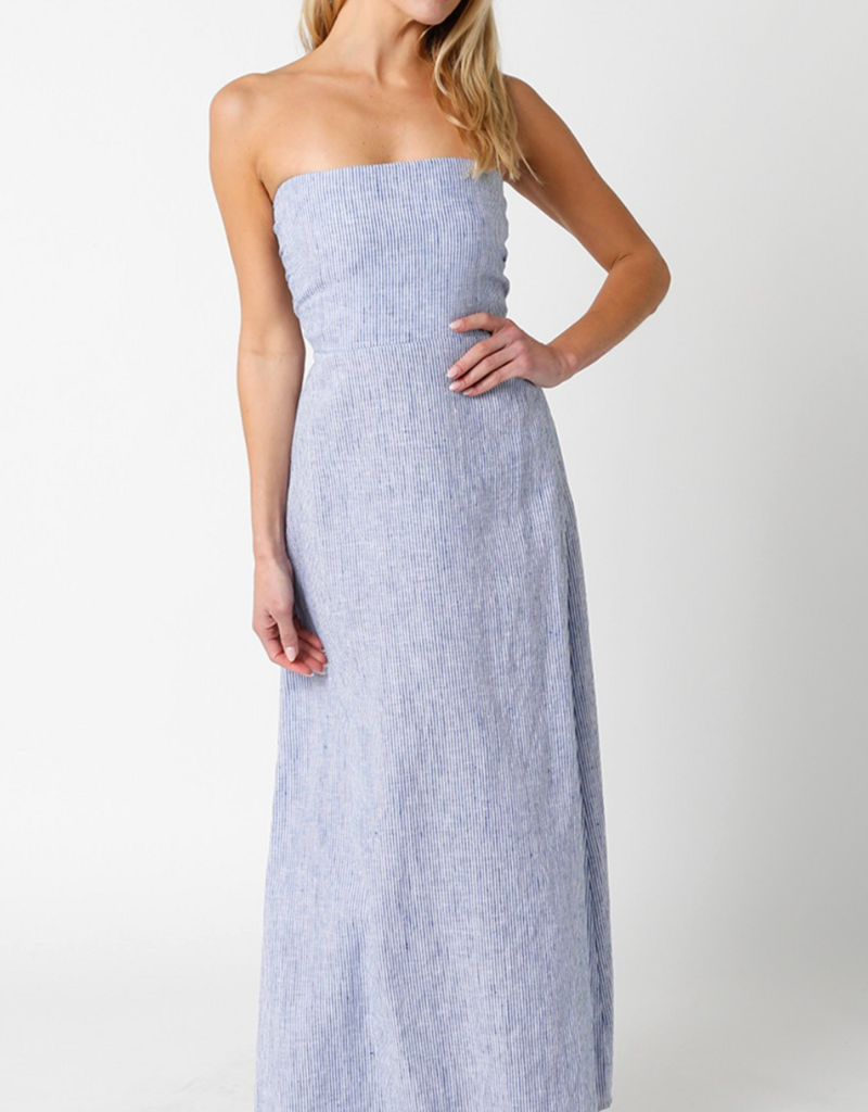 OLIVACEOUS PIPER STRAPLESS LINEN DRESS-DENIM STRIPE