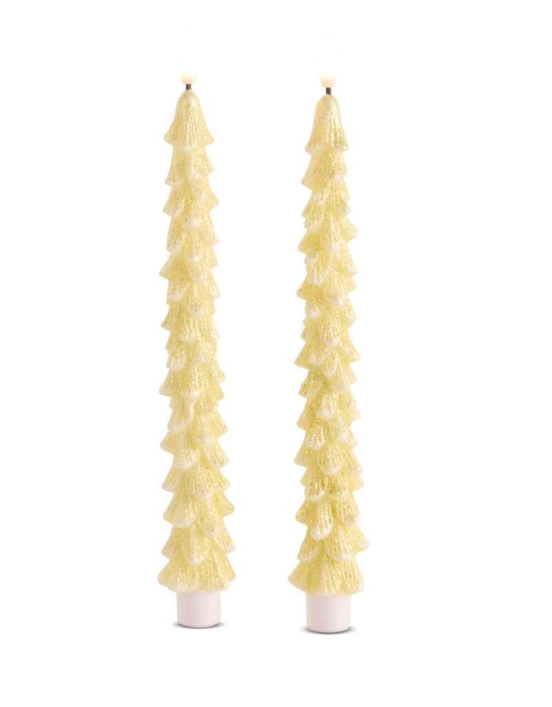 GLITTERED GOLD TREE FLAMELESS TAPER CANDLES-SET/2