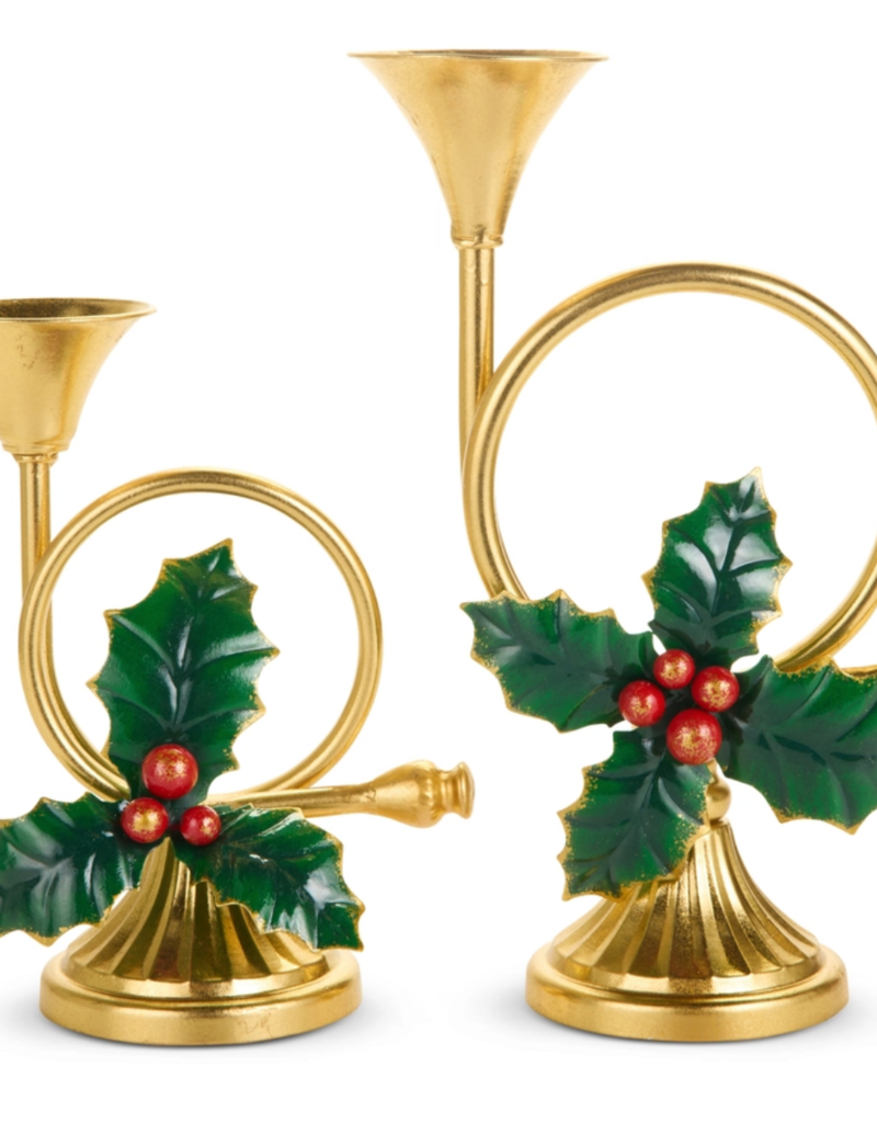 FRENCH HORN WITH HOLLY CANDLESTICKS