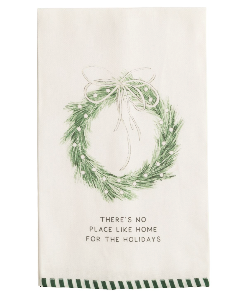 MUD PIE WHITE CHRISTMAS STRIPE HEM TOWEL-WREATH