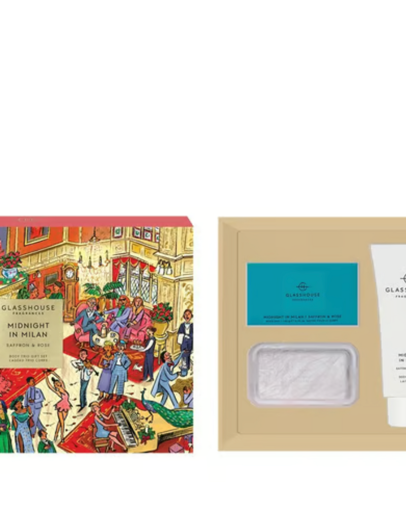 GLASSHOUSE FRAGRANCES MIDNIGHT IN MILAN BODY BAR,TRAY, LOTION AND PERFUME GIFT SET