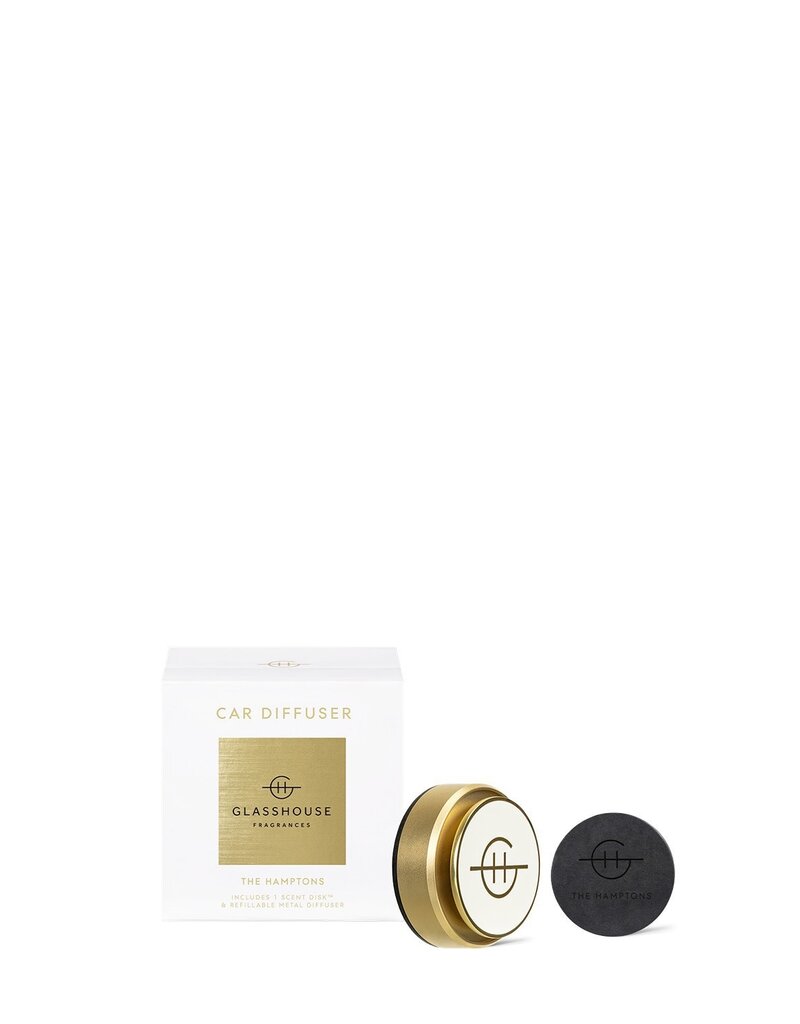 GLASSHOUSE FRAGRANCES GOLD CAR DIFFUSER WITH ONE REPLACEMENT SCENT DISK