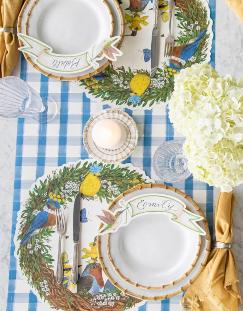 HESTER & COOK BLUE PAINTED CHECK TABLE RUNNER 20" X 25'