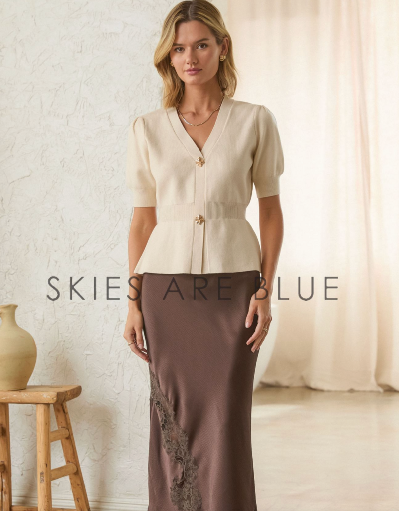 SKIES ARE BLUE SUZETTE SHORT SLEEVE PEPLUM SWEATER-IVORY