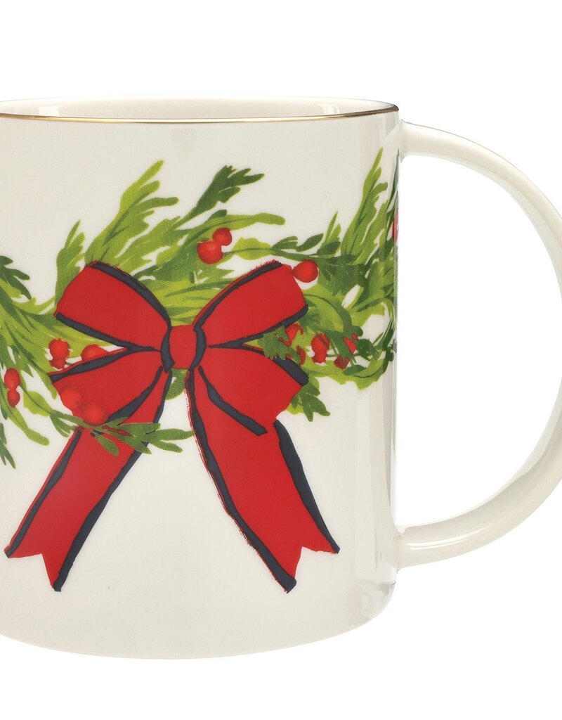 SANTA BARBARA WIDE HANDLE MUG-HOLLY BERRY BOW