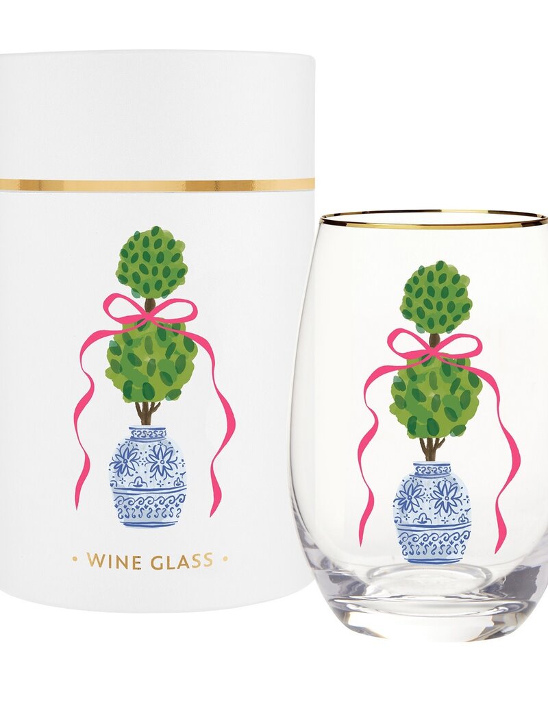 SANTA BARBARA STEMLESS WINE GLASS-TOPIARY PINK BOW