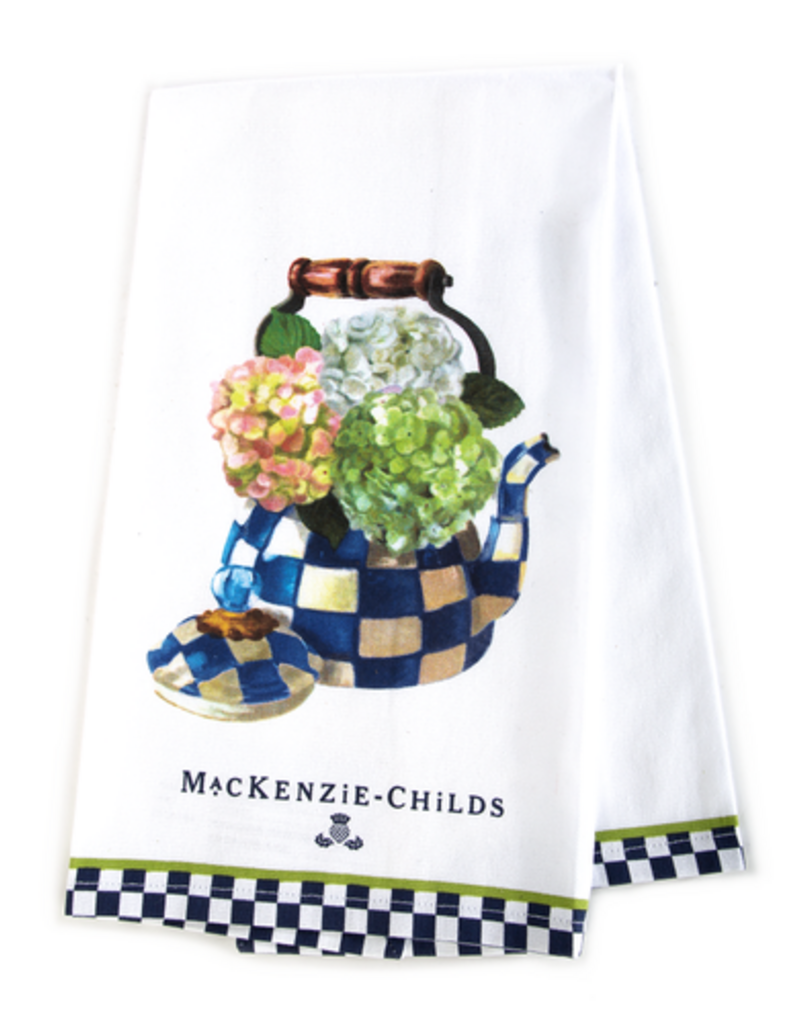 MacKenzie-Childs hydrangea tea kettle dish towel