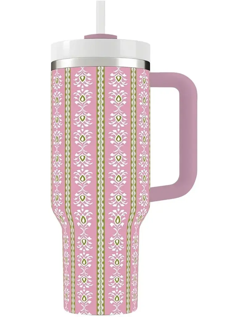 LAURA PARK DESIGNS ROSEMARY STRIPE PINK TRAVEL TUMBLER