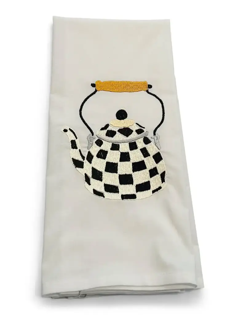 VIBRANTLY BLUE EMBROIDERED HAND TOWEL- BLACK CHECKERED TEAPOT