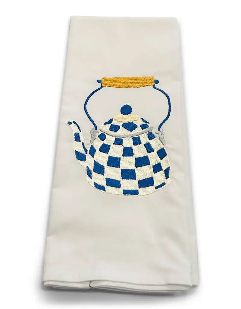 VIBRANTLY BLUE EMBROIDERED HAND TOWEL-DK BLUE CHECKERED TEAPOT