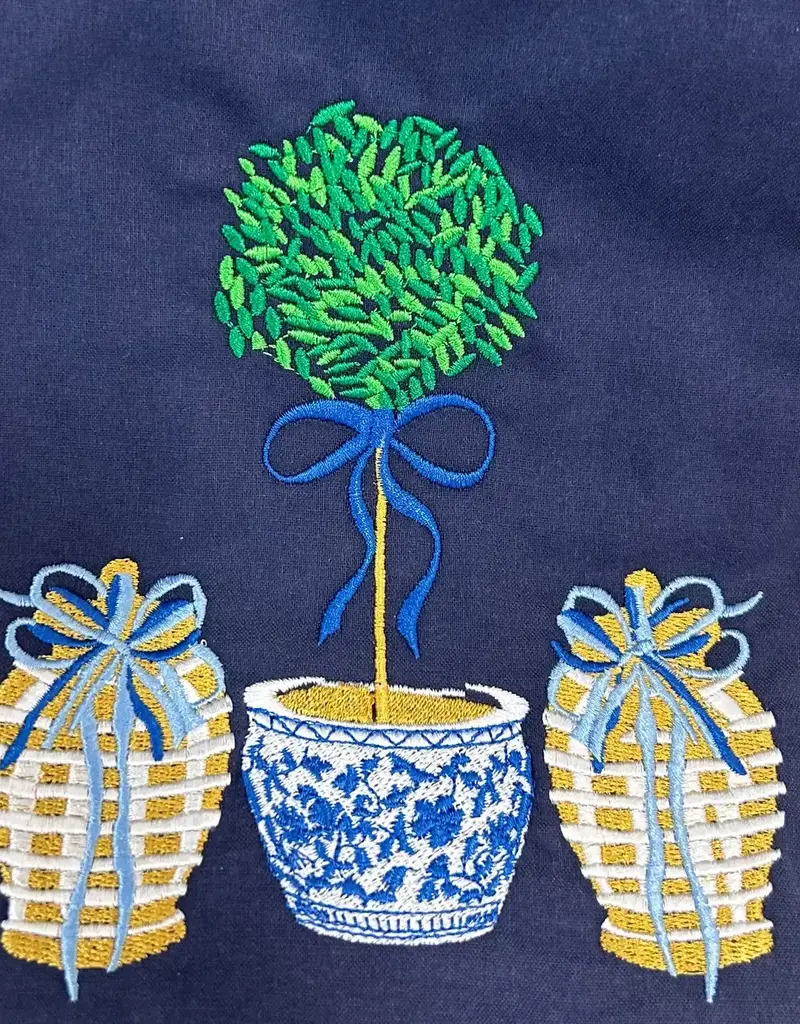 VIBRANTLY BLUE EMBROIDERED HAND TOWEL-GOLD JARS AND TOPIARY ON BLUE