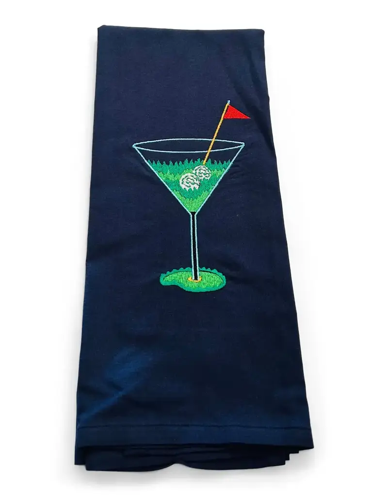 VIBRANTLY BLUE EMBROIDERED HAND TOWEL-GOLF MARTINI ON NAVY