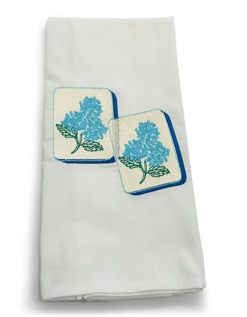 VIBRANTLY BLUE EMBROIDERED HAND TOWEL-PAIR OF MAHJONG TILES ON WHITE