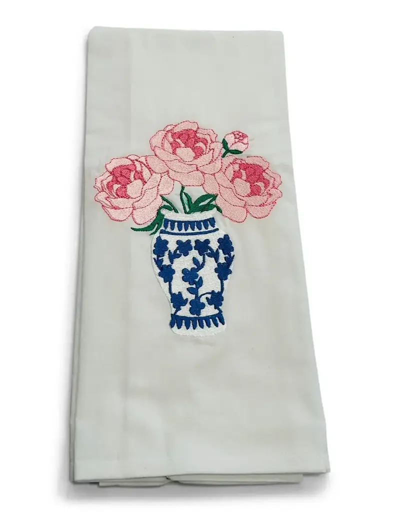 VIBRANTLY BLUE EMBROIDERED HAND TOWEL-PEONIES ON WHITE