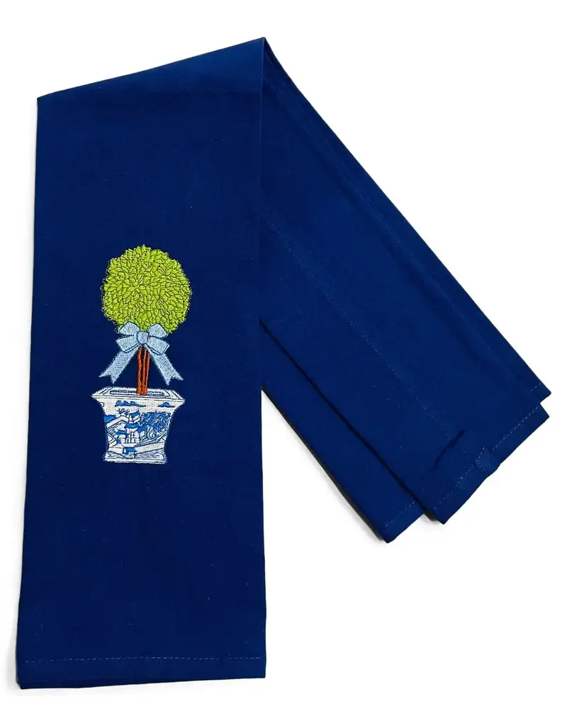 VIBRANTLY BLUE EMBROIDERED HAND TOWEL-TOPIARY WITH BLUE BOW ON BLUE