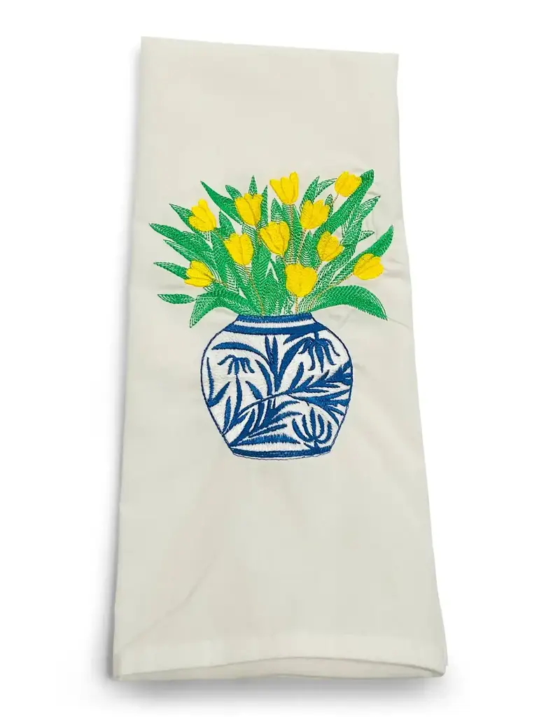 VIBRANTLY BLUE EMBROIDERED HAND TOWEL-YELLOW TULIPS IN BLUE POT