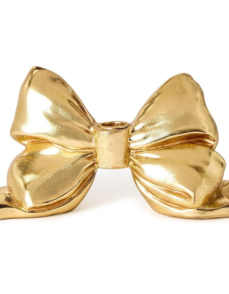 TWO'S COMPANY LARGE GOLD BOW TAPER CANDLE HOLDER