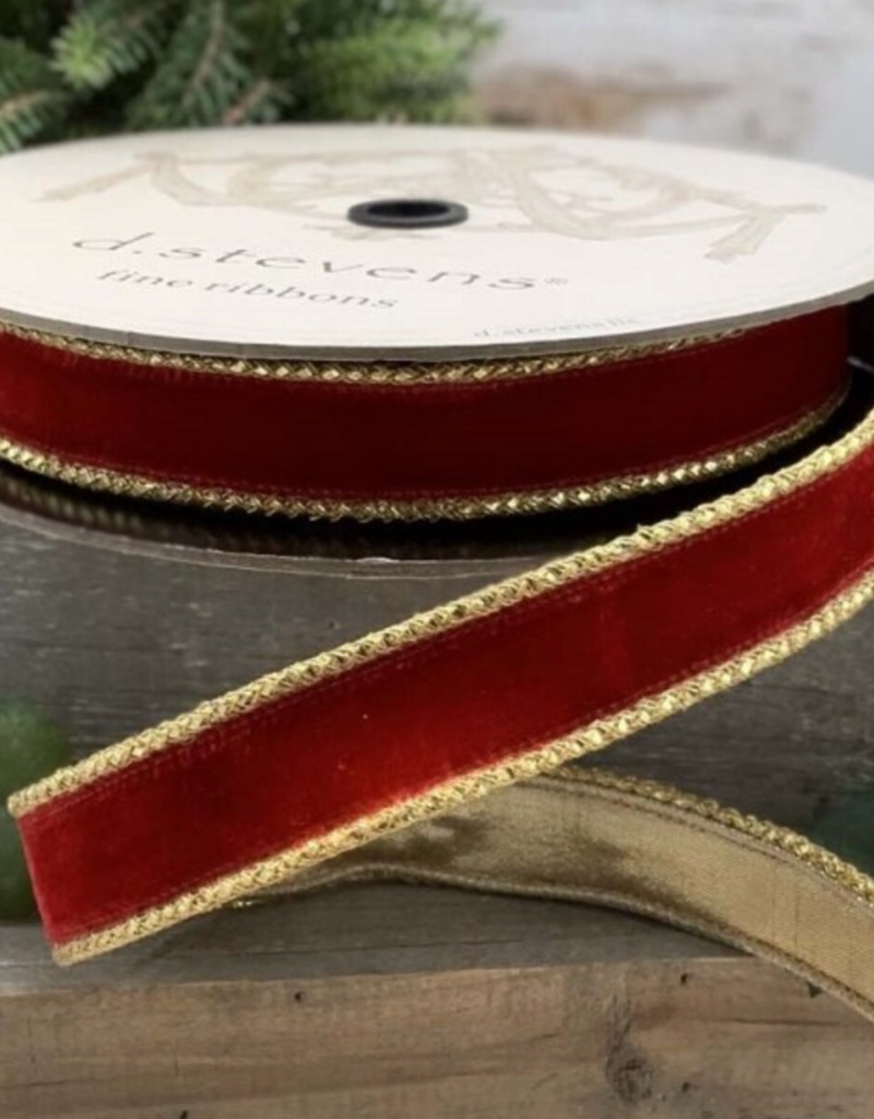 D STEVENS RED VELVET/GOLD METALLIC  1" X 10 YARDS RIBBON