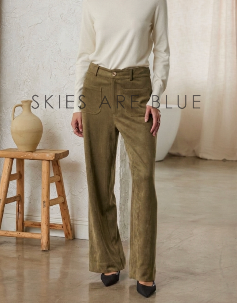 SKIES ARE BLUE FAUX SUEDE WIDE LEG PANT-OLIVE