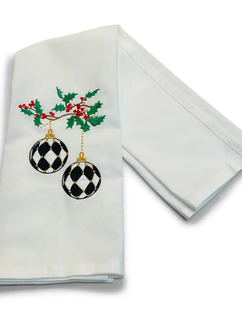 VIBRANTLY BLUE EMBROIDERED TOWEL-BLACK & WHITE HARLEQUIN ORNAMENTS