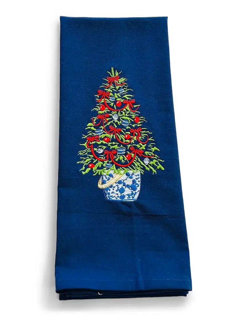 VIBRANTLY BLUE EMBROIDERED TOWEL-TREE WITH RED RIBBON ON NAVY