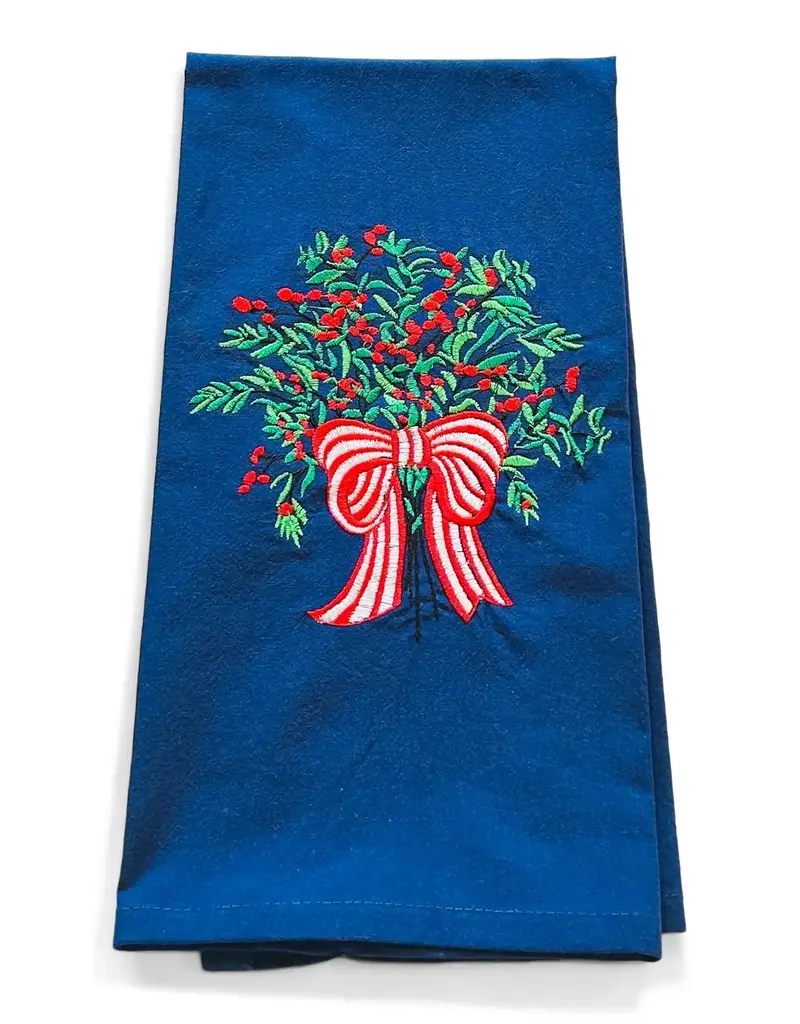 VIBRANTLY BLUE EMBROIDERED TOWEL-Red Berries and Red Bow On Navy
