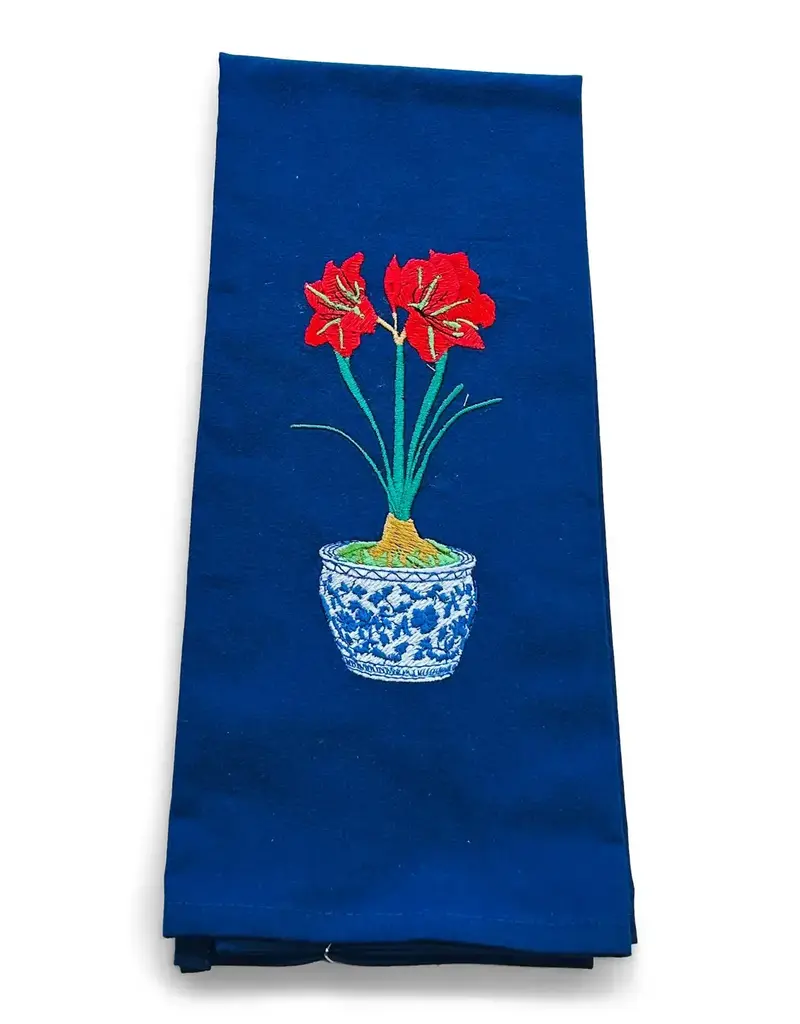 VIBRANTLY BLUE EMBROIDERED TOWEL-CHINOISERIE AMARYLLIS ON NAVY