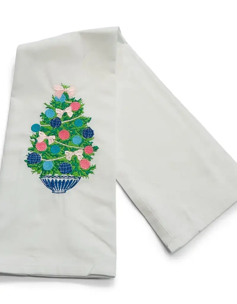 VIBRANTLY BLUE EMBROIDERED TOWEL-CHINOISERIE HOLIDAY TREE