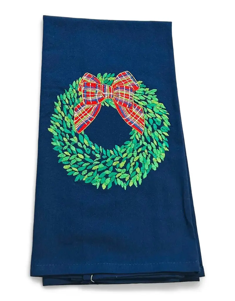 VIBRANTLY BLUE EMBROIDERED TOWEL-BOXWOOD WREATH WITH RED BOW ON NAVY