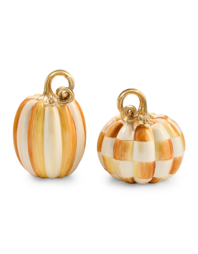 MacKenzie-Childs amber check and stripe petite pumpkins, set of 2