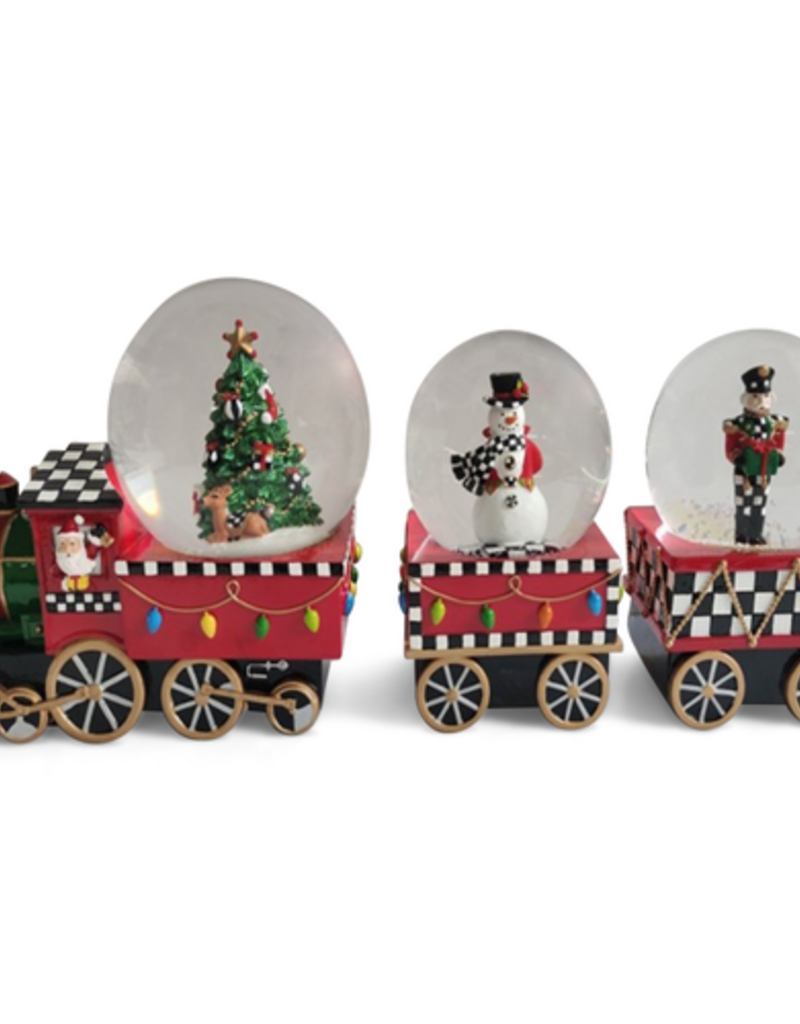 MacKenzie-Childs holiday train snow globe set, set of 3
