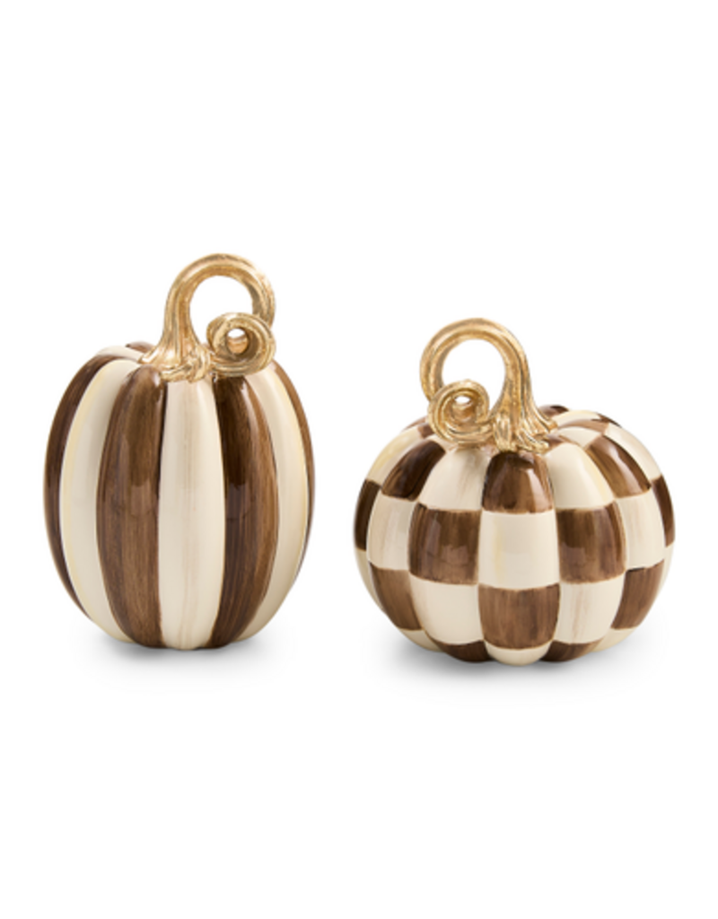 MacKenzie-Childs chocolate check and stripe petite pumpkins, set of 2